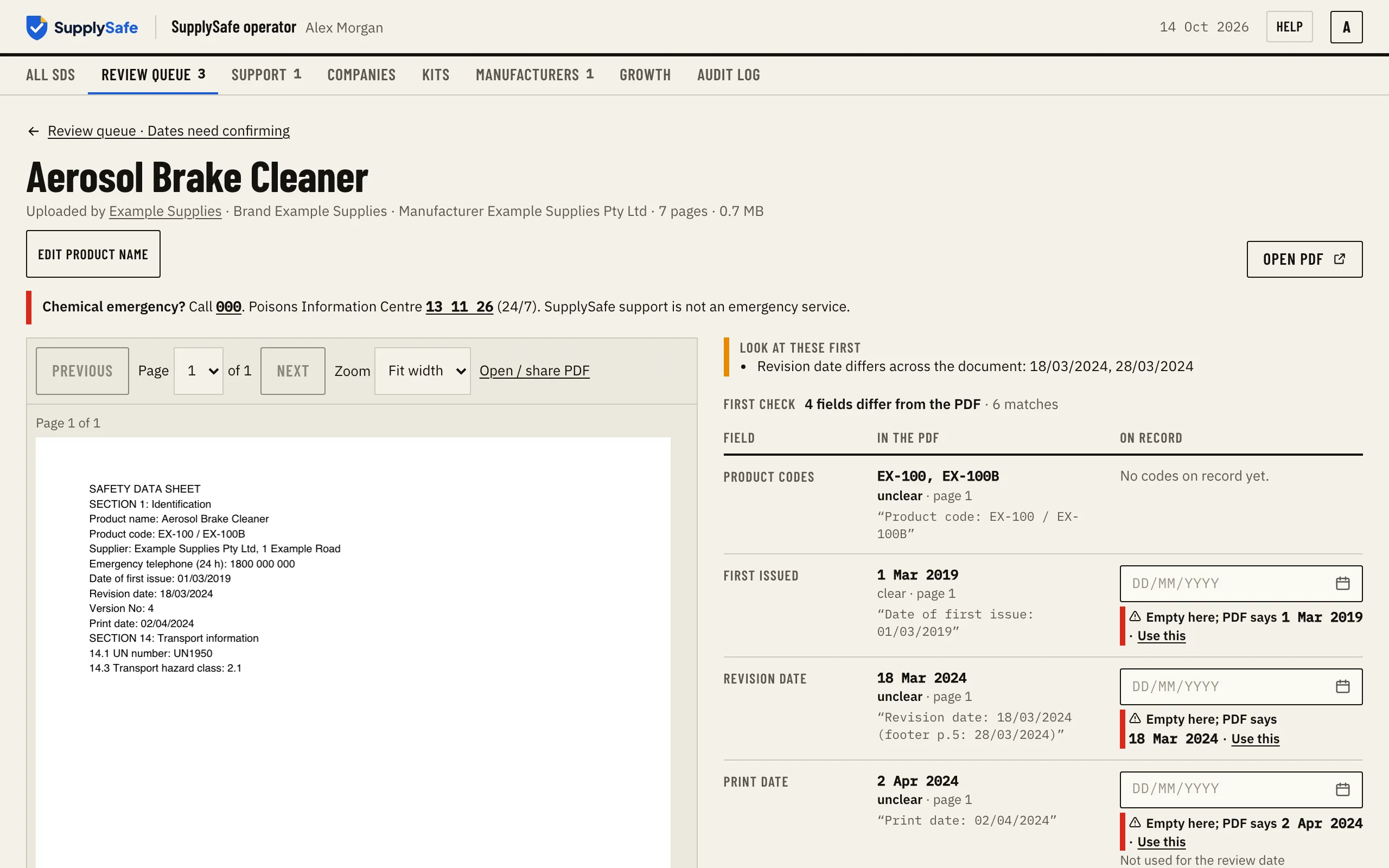 SupplySafe's review screen: the SDS details read from the PDF are checked against the document before it is published.
