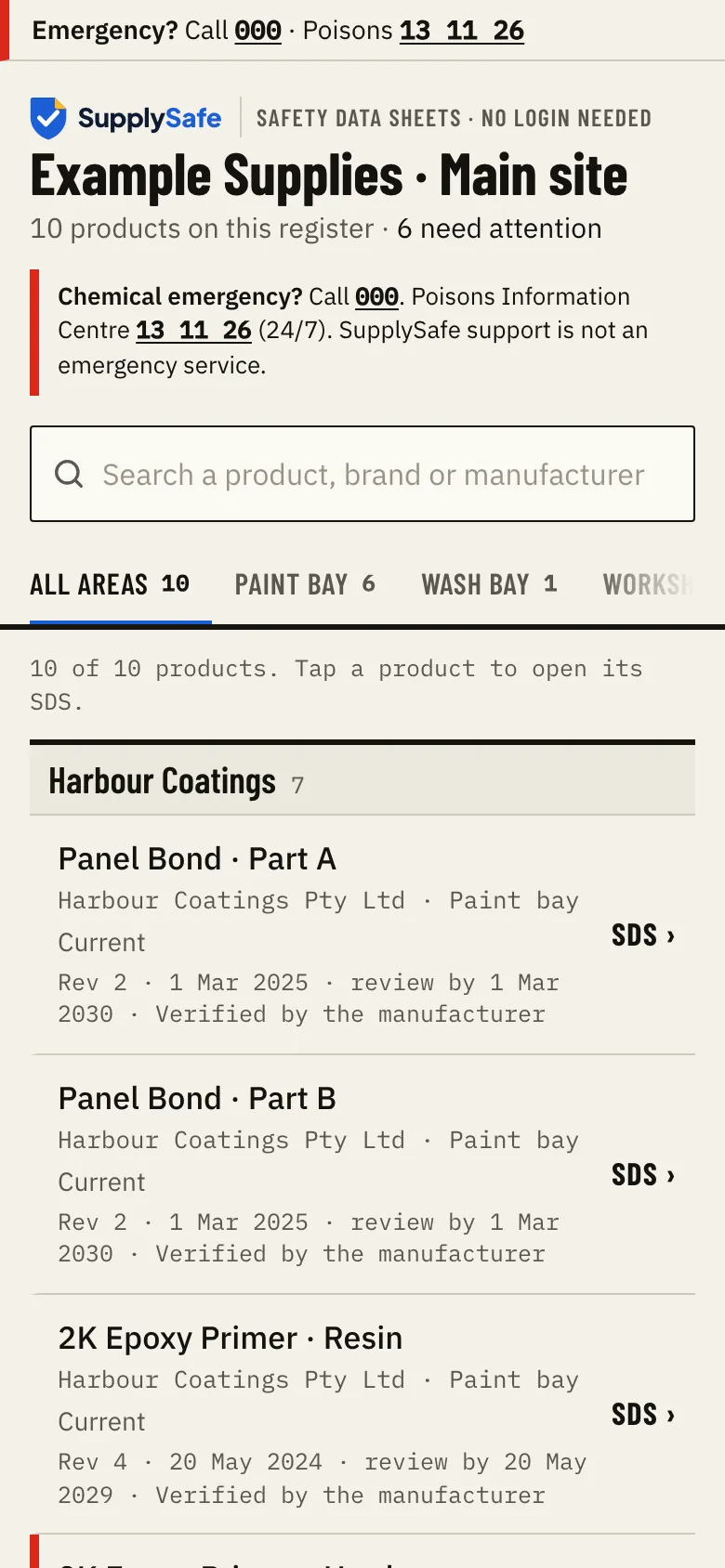 What a phone shows after scanning the QR poster: the site's products and their current SDS, with the emergency numbers, no login.