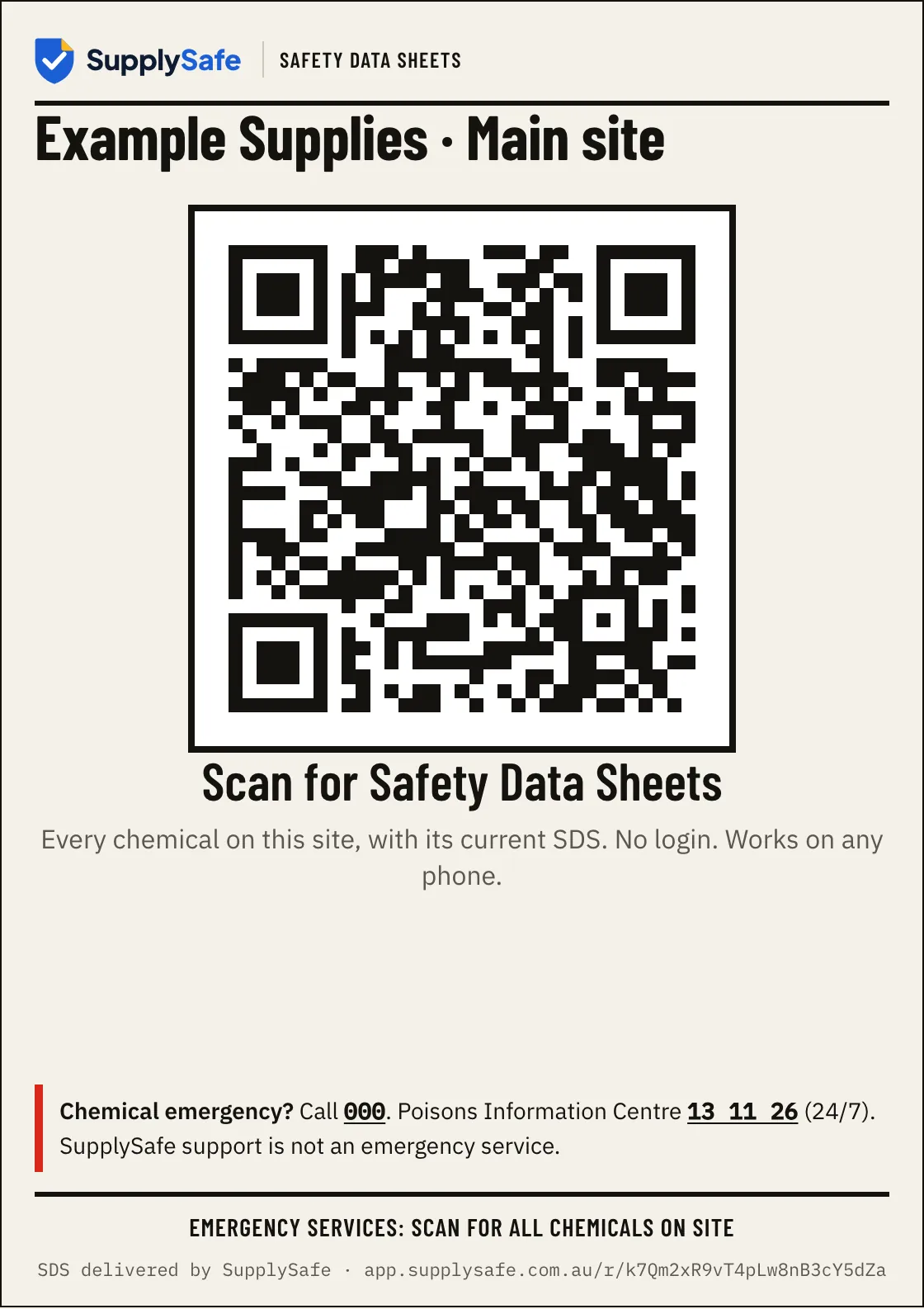 The printable A4 QR poster for a sample workshop site: scan for Safety Data Sheets, with the emergency services line.