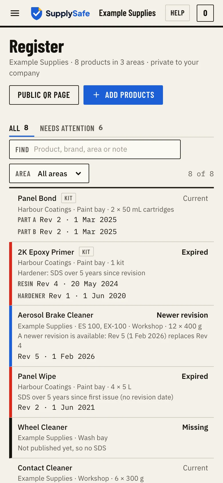 The SupplySafe register on a phone: each product with its brand, area, revision and SDS status, for a sample workshop site.